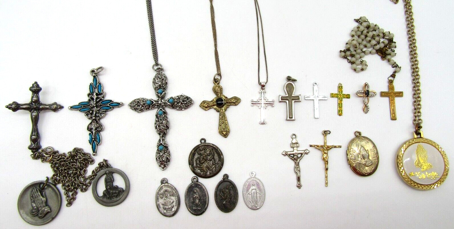 Lot 21 pcs Vintage Religious Jewelry Cross Pendants Medals Locket Necklace Pin