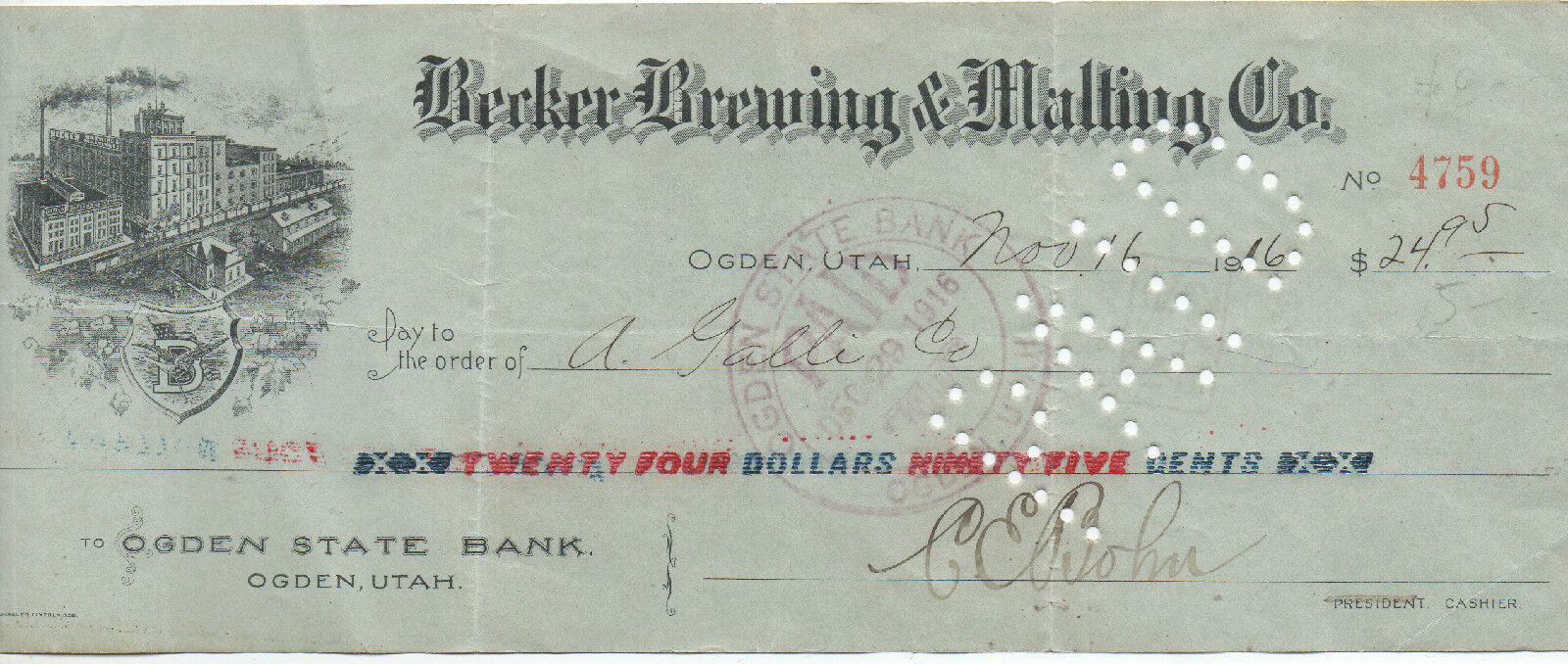 1916 Pre Pro Beer Check from the Becker Brewing & Malting Co Ogden Utah
