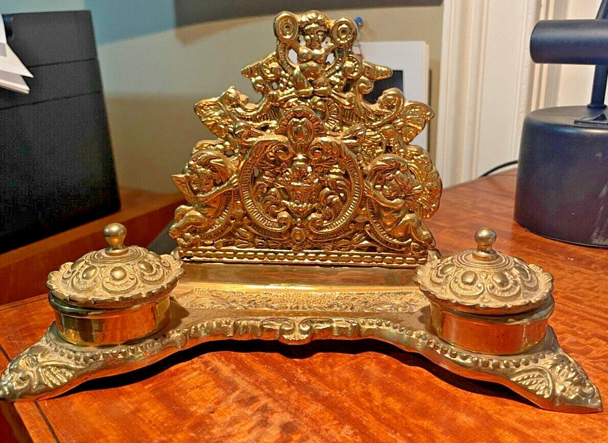 Art Nouveau Ornate Brass Double Inkwell & Letter Holder With Cherubs Vintage 70s