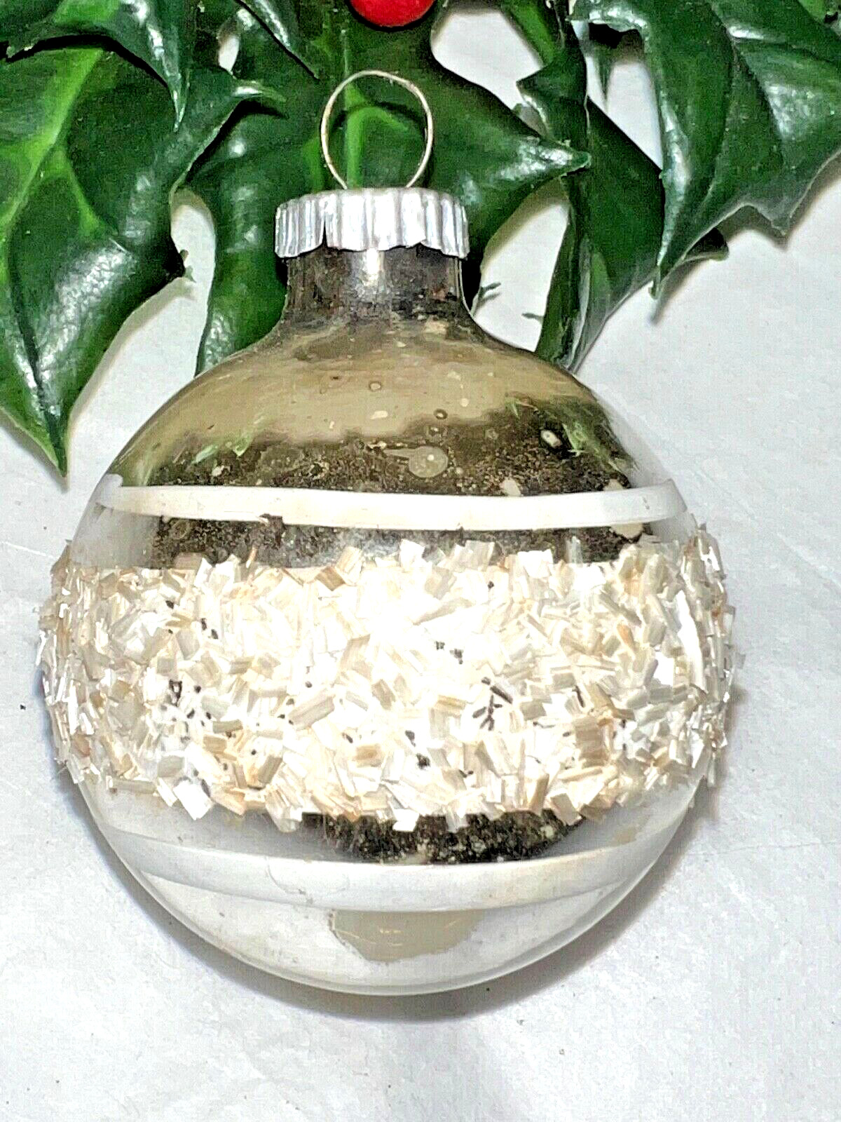 Vintage WEST GERMANY Mercury Glass SNOWY FLAKES Christmas Ball STRIPED ON SILVER