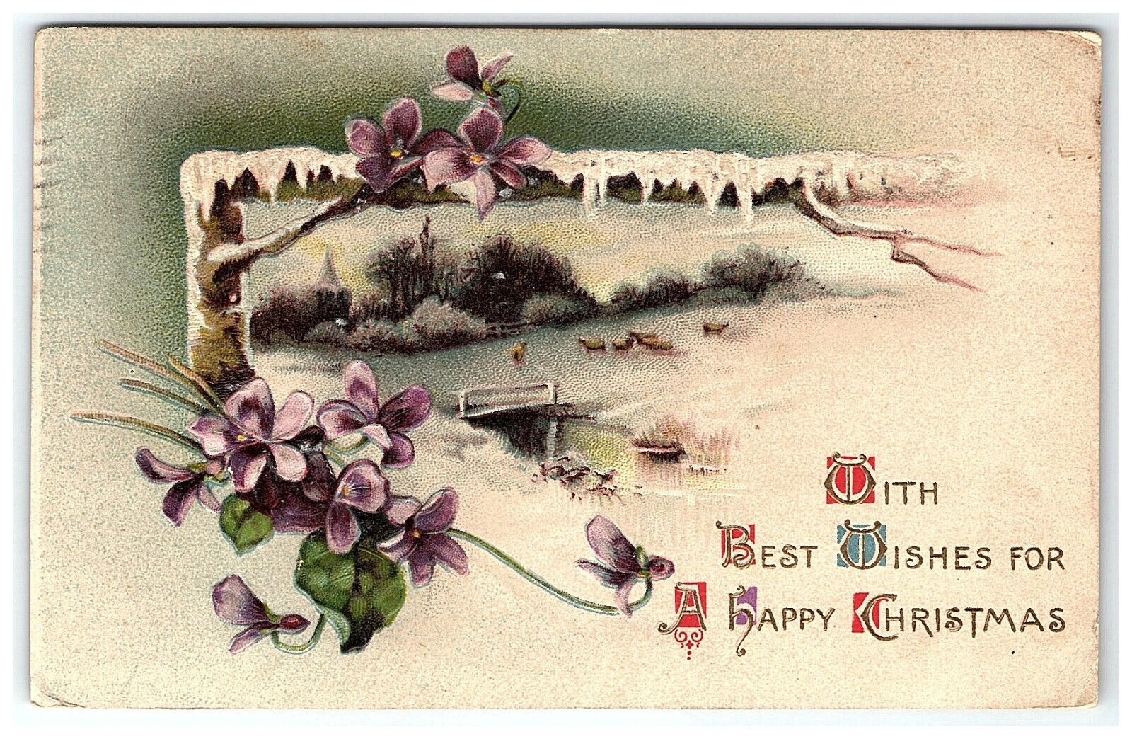 1911 Postcard Best Wishes For A Happy Christmas Embossed Bridge Sheep Flowers