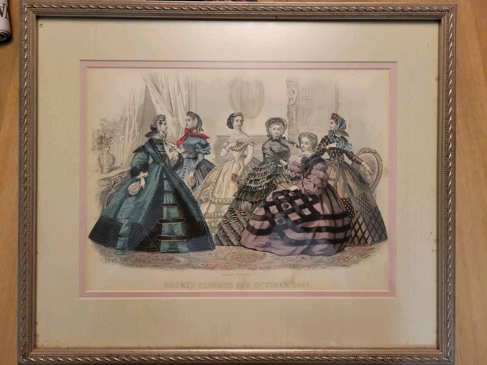 GODEY'S Lady's Book Magazine Framed Lithograph Fashion Print 1861 Advertising
