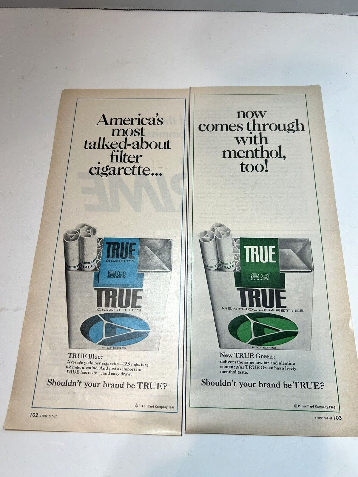1967 True Blue Cigarettes Tobacco Menthol Original Vintage Color Print Ad 2 Page