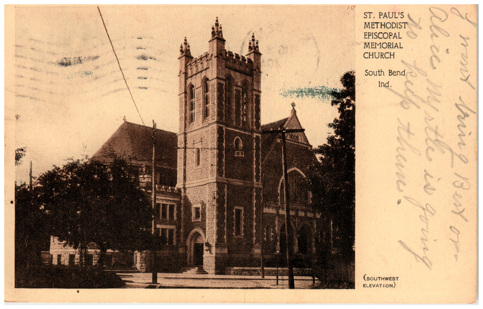 Postcard Vintage St. Paul\'s Methodist Episcopal Memorial Church South Bend, IN