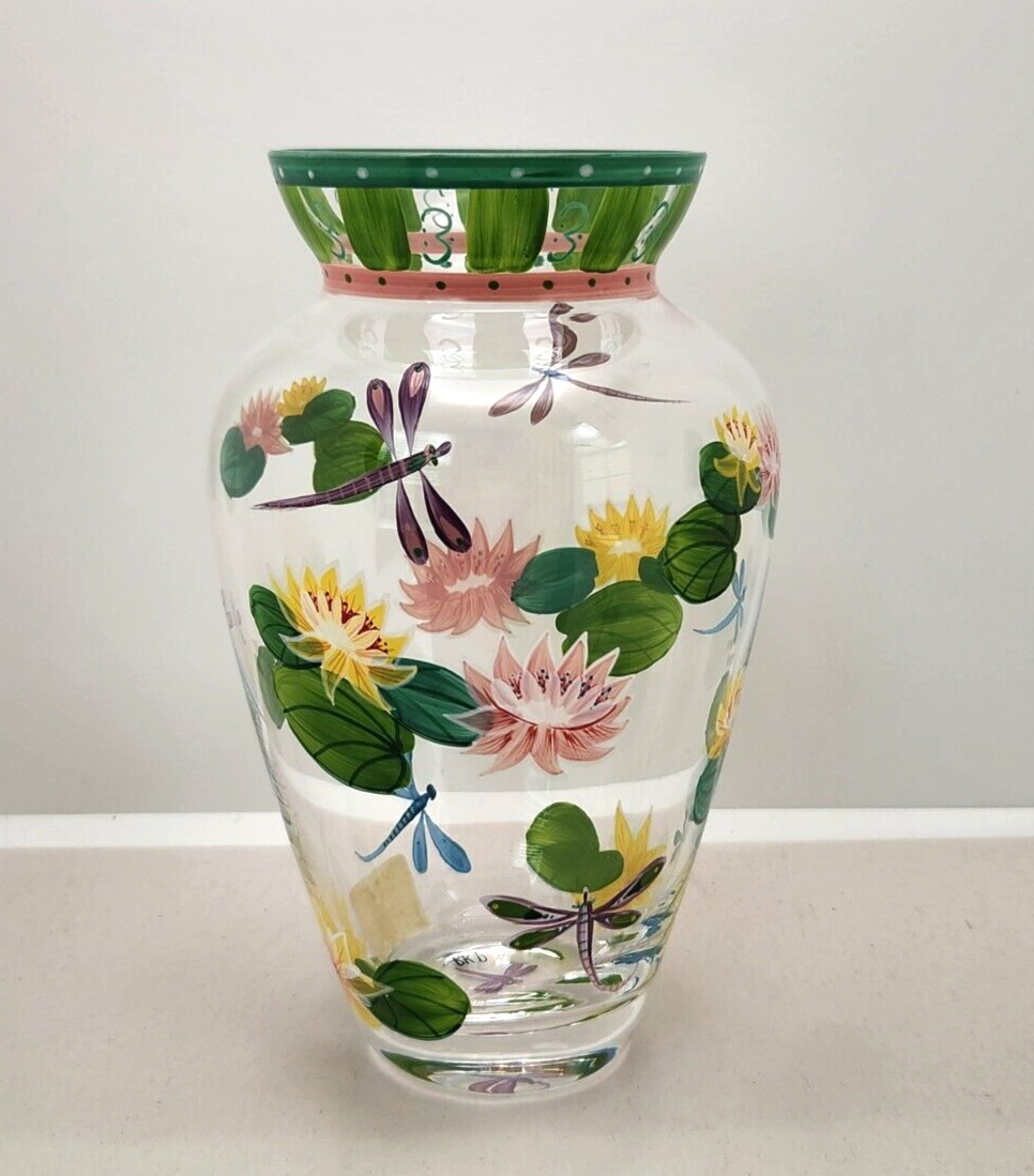 Lenox Handpainted Glass Vase Lotus Flower Dragonfly 8\