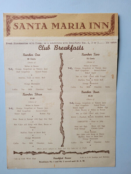 1950s/60s Santa Maria Inn California Breakfast Menu Original