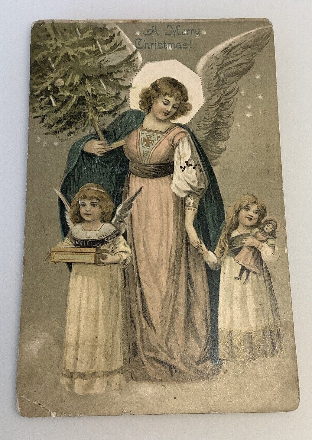 RARE vintage 1907 Christmas postcard angel holding girls hand doll tree UDB