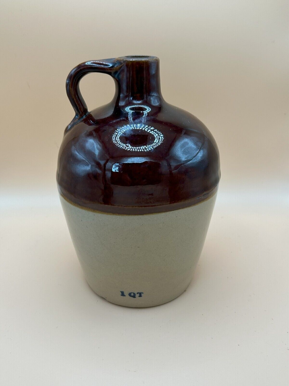 Vintage Stoneware 1 Quart Brown Over Tan Moonshine/Syrup Jug / Crock USA