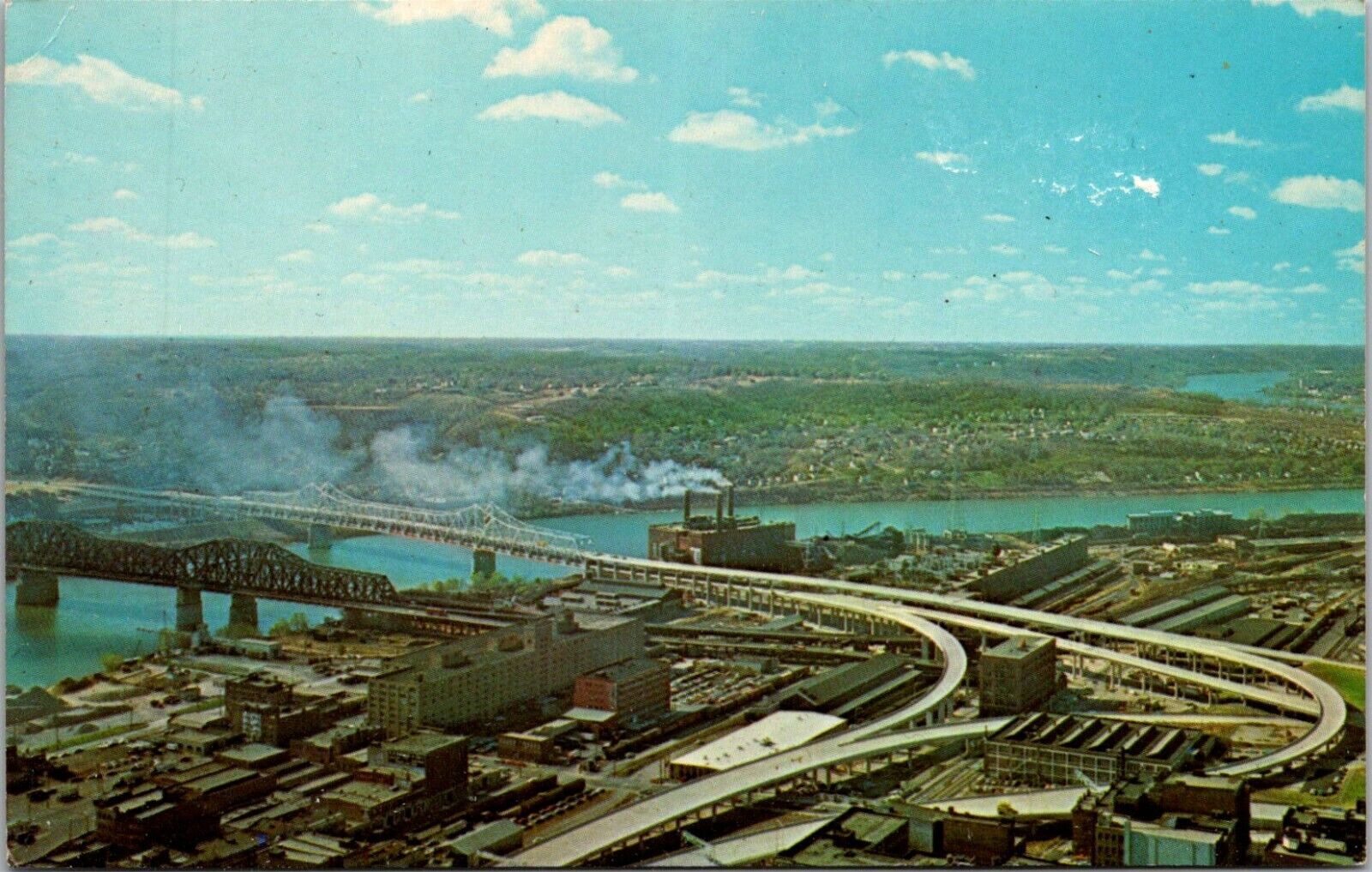 Postcard Aerial View Brent Spence Bridge River Kentucky Cincinnati Ohio OH