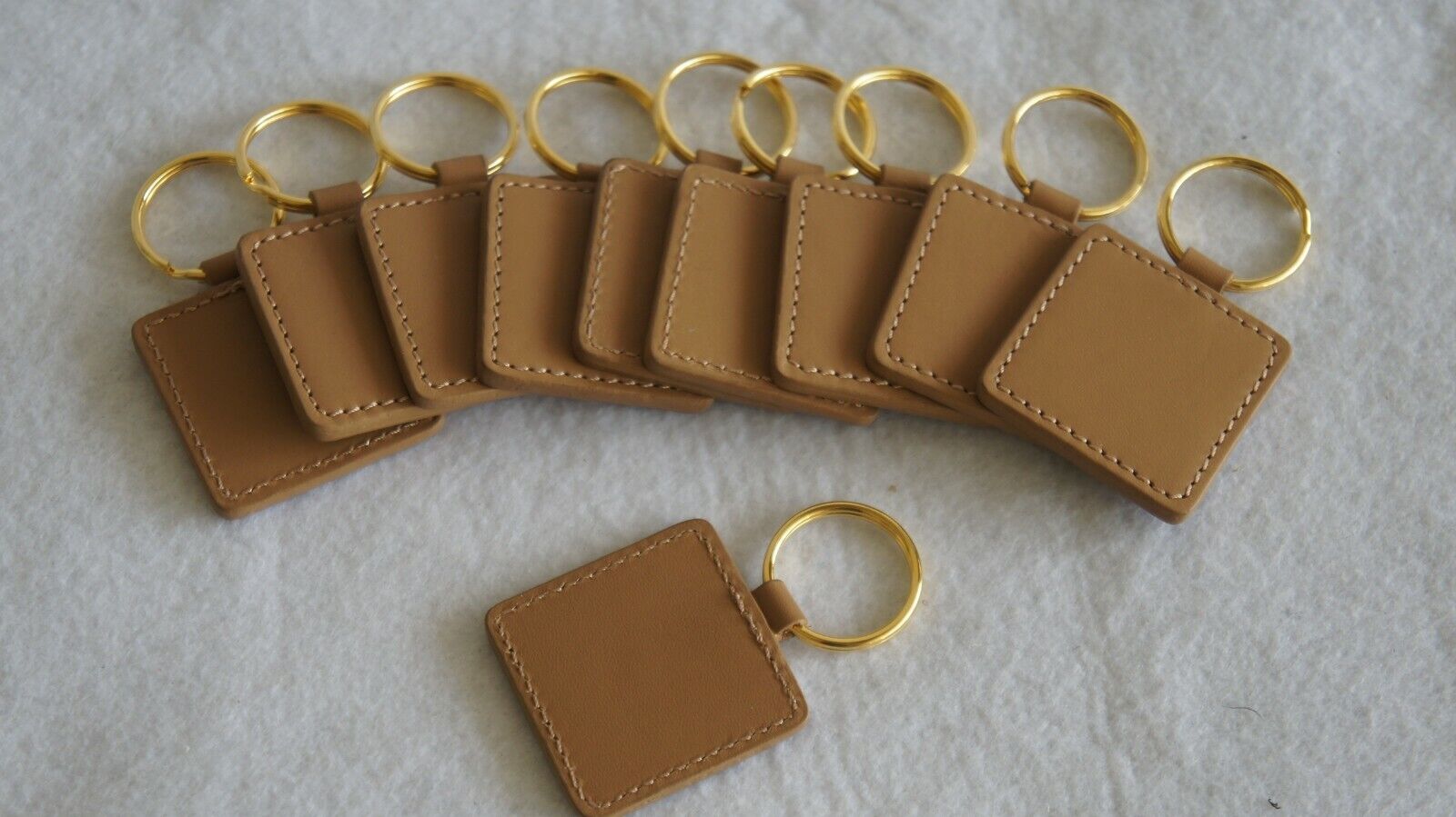 Lot of 10 Genuine Leather Beige Color Square shape Keychain Gold Ring Coach 