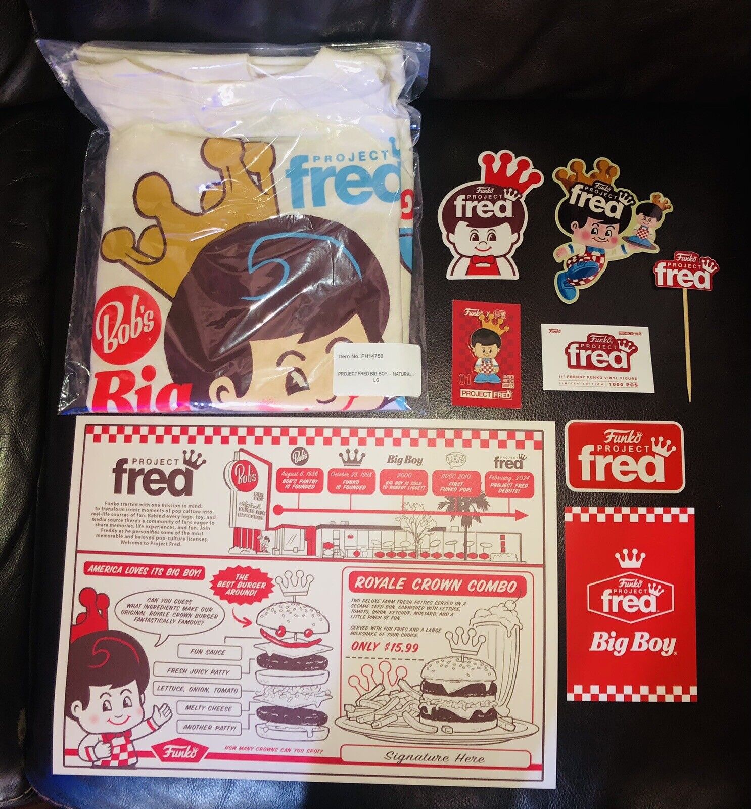 Funko Project Fred Bundle Shirt L, Poster Pin LE 500 Stickers Menu Bob’s Big Boy