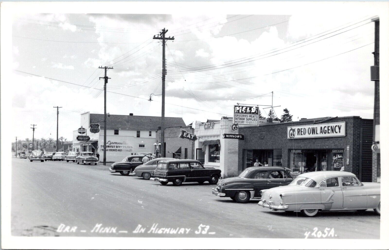 RPPC Highway 53, Orr Minnesota- 1940s Photo Postcard- Gas Stations, Red Owl