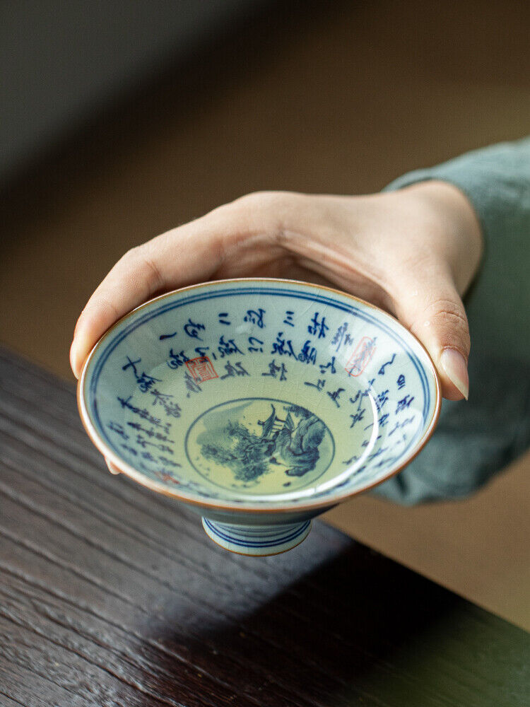 Jingdezhen Ceramic Blue White Landscape Seven Bowls Tea Poetry Bowl Master Cup