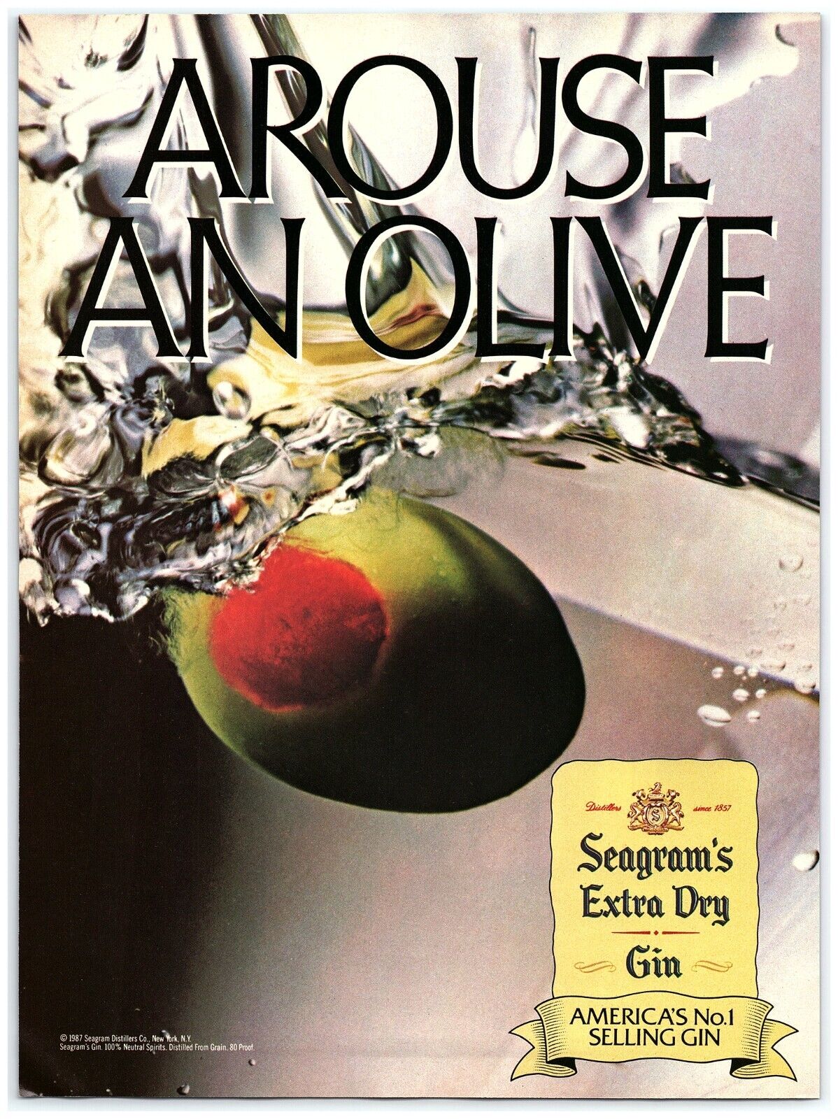 1987 Seagram\'s Extra Dry Gin Print Ad, Arouse An Olive Dirty Martini Splash