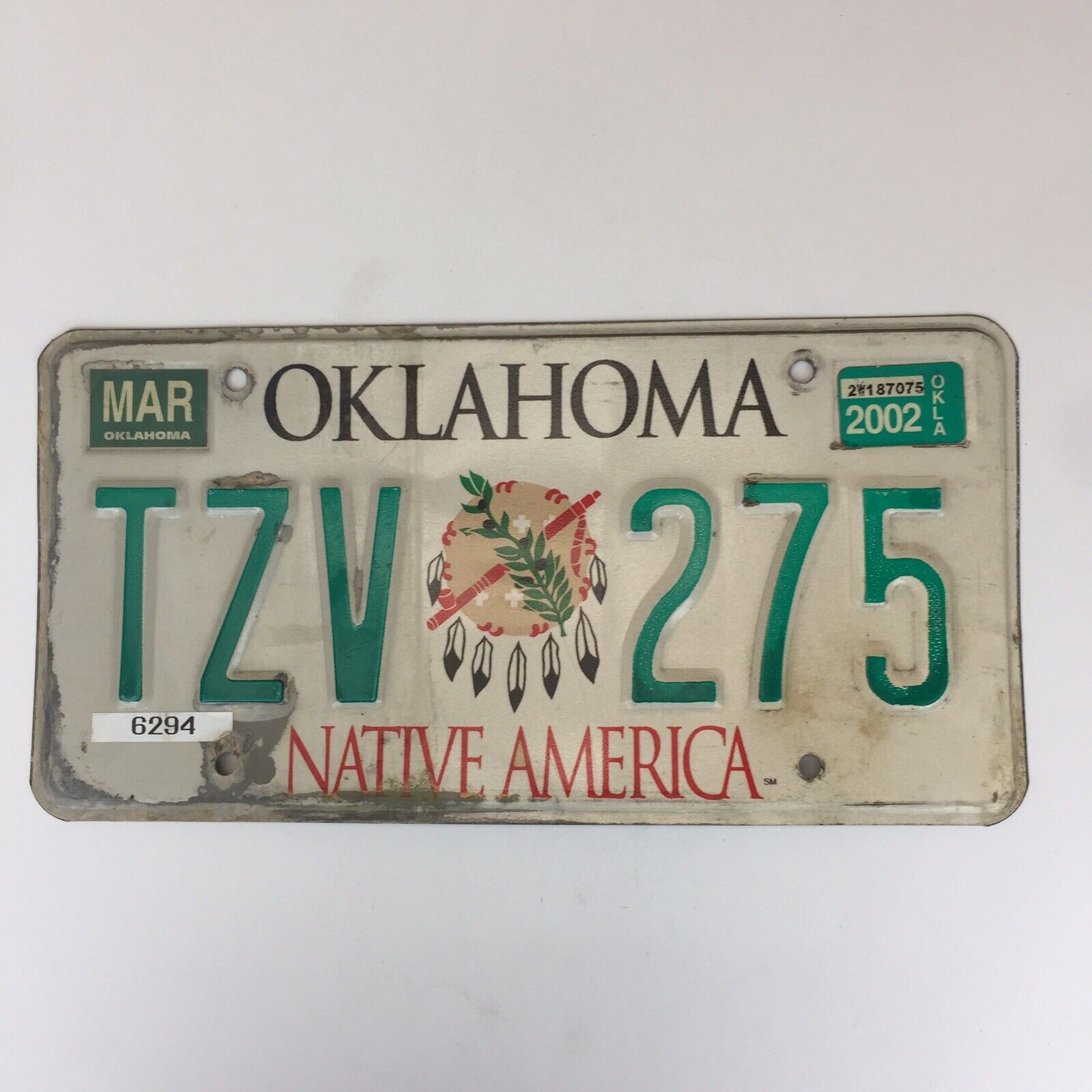 2002 Expired OKLAHOMA License Plate TZV 275 NATIVE AMERICAN PLATE