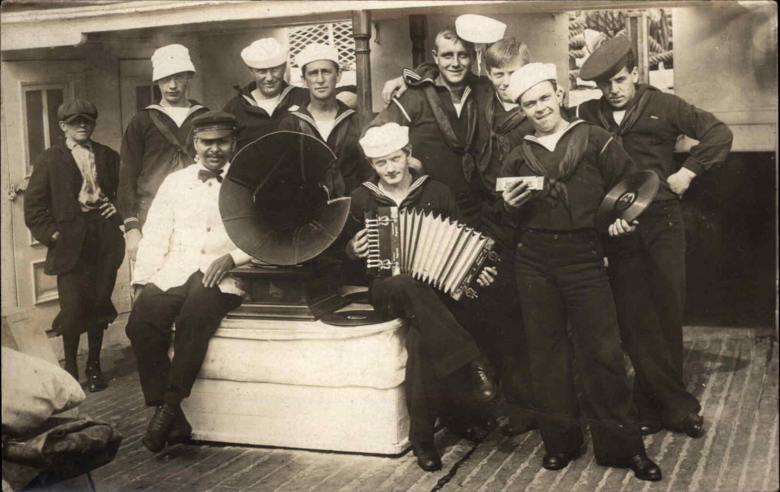 Sailors on USS Woodbury Phonograph Records Accordion +PHOTOGRAPHY RPPC