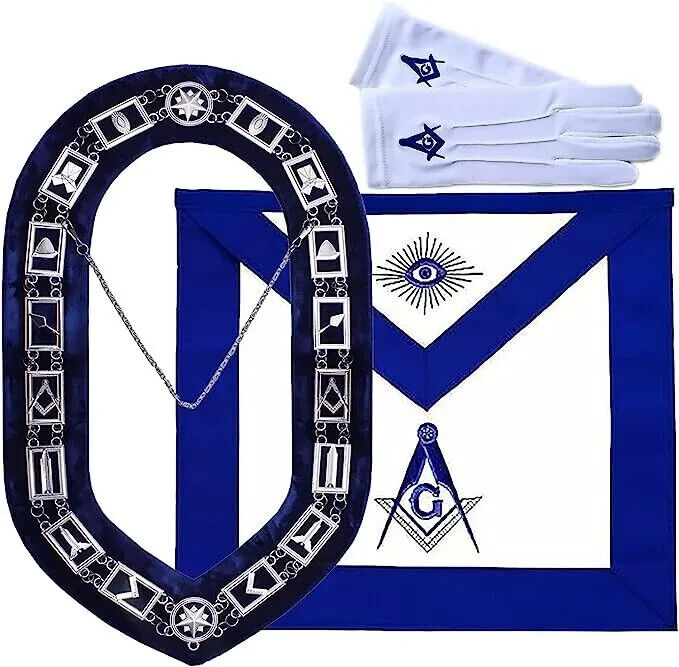 masonic blue lodge set of apron, chain collar and square compass gloves