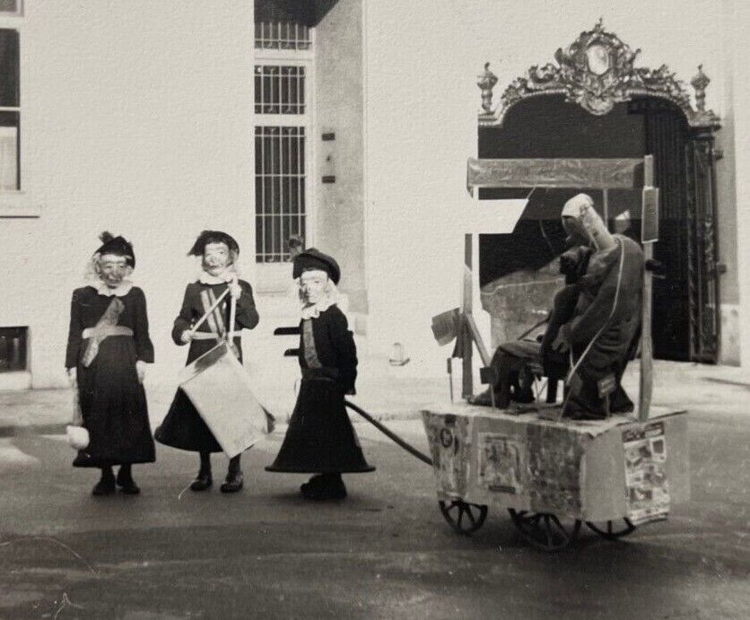 Original Creepy German Photo Kids With Masks Towing Cart With Man 1940s