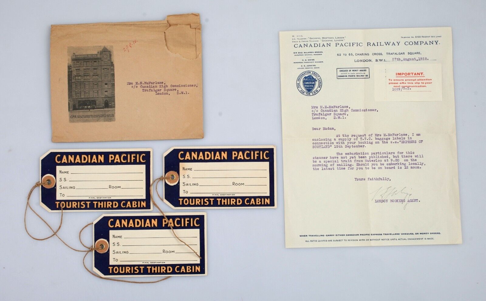 Vintage 1928 Canadian Pacific Letter & Envelope & Luggage Tags Lot