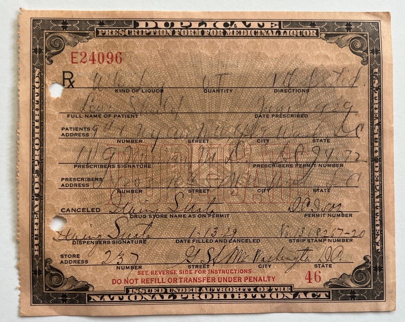 Prescription Form - 1929 - National Prohibition Act - “Whiskey” - Washington DC