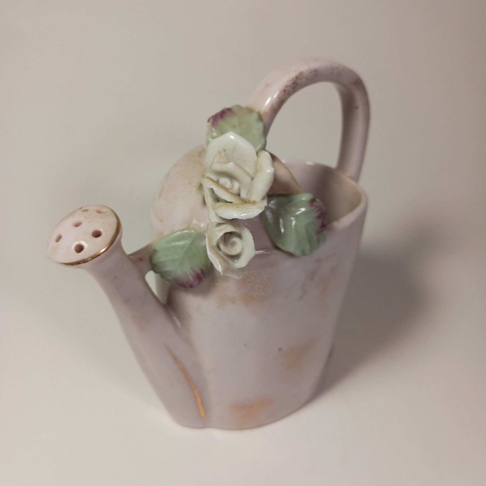 Vintage 1950\'s 3D Vase Pink Ribbed Watering Ca Japan Gold Leaves