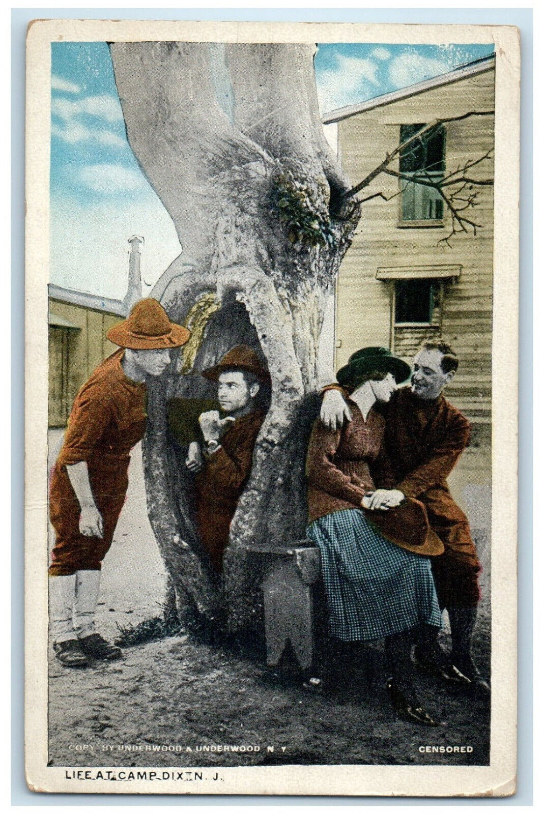 c1920\'s Life at Camp Dix New Jersey NJ Couple Friends in Tree WW1 Postcard