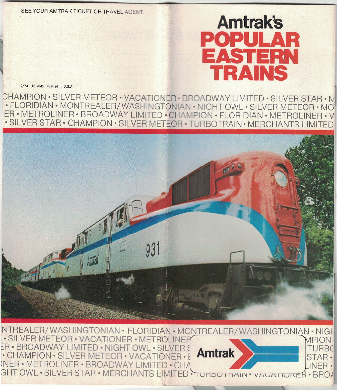 Amtrak's Popular Eastern Trains Brochure Pamphlet February 1973