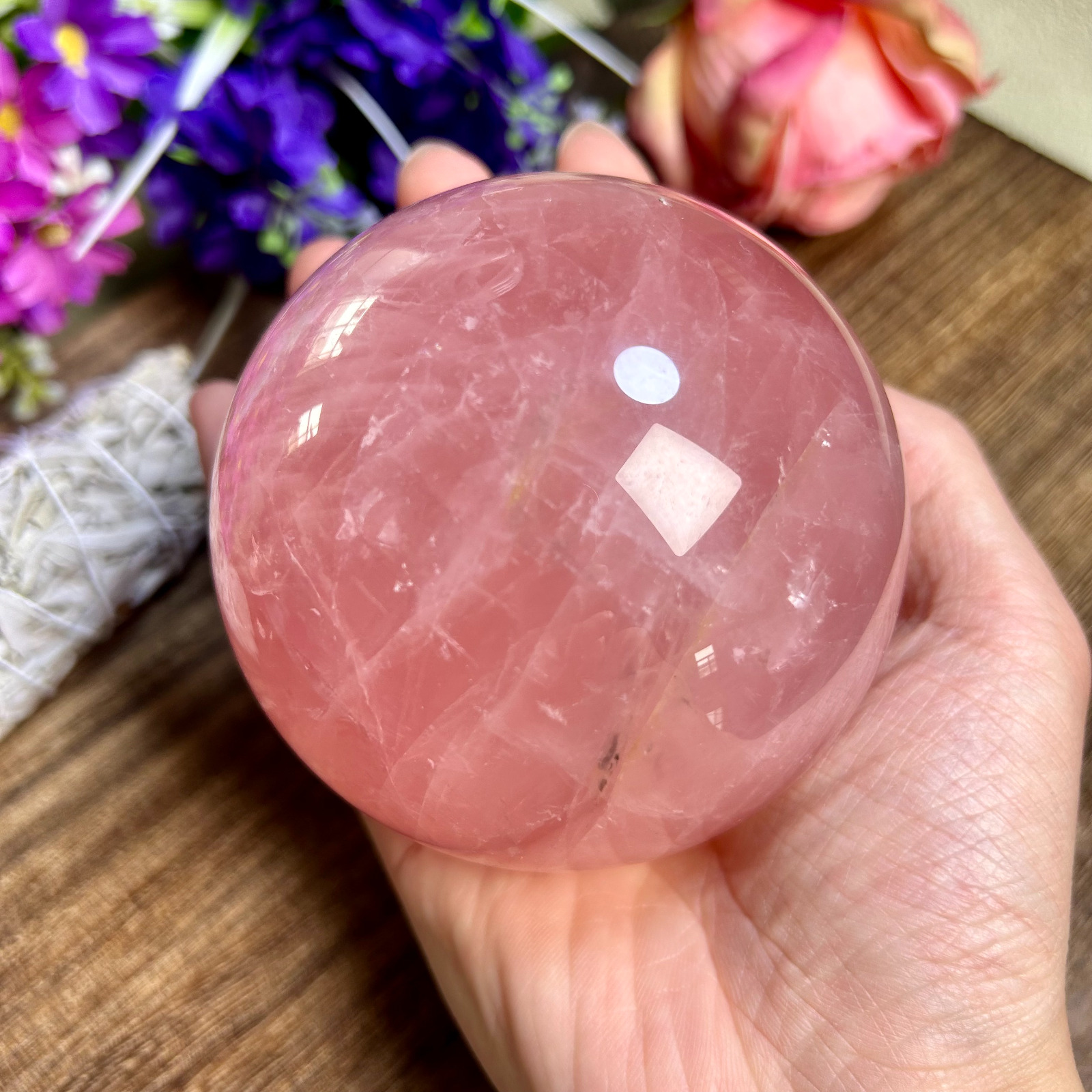1025g Natural Pink Rose Quartz Crystal Sphere Reiki Healing Ball 89MM 1th