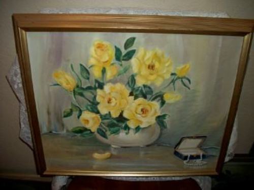 MID CENTURY OIL PAINTING YELLOW ROSES STILL LIFE 1950s FRAMED SIGNED