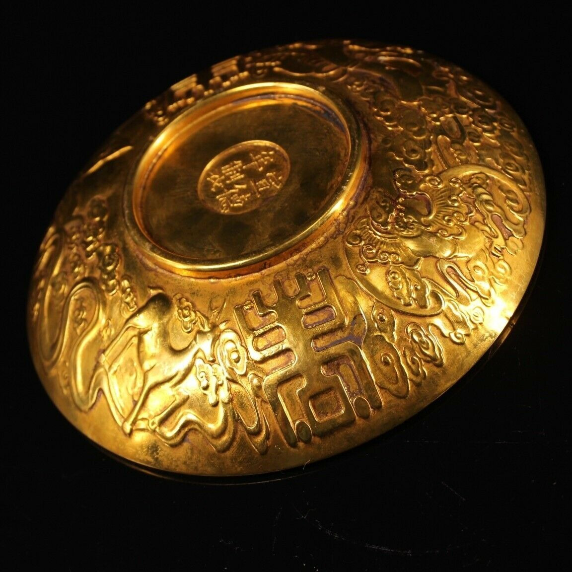 Chinese Rare Ming Dynasty Old bronze  24k gilt  Dragon Phoenix Plate