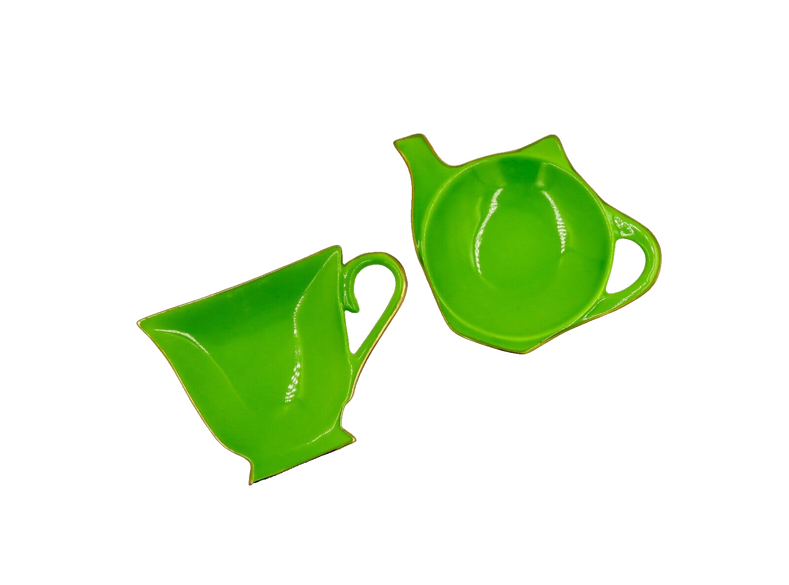 2 VTG Tea Bag Holders Satin Shelley Gracie Bone China Green Tea Cup & Pot Shape