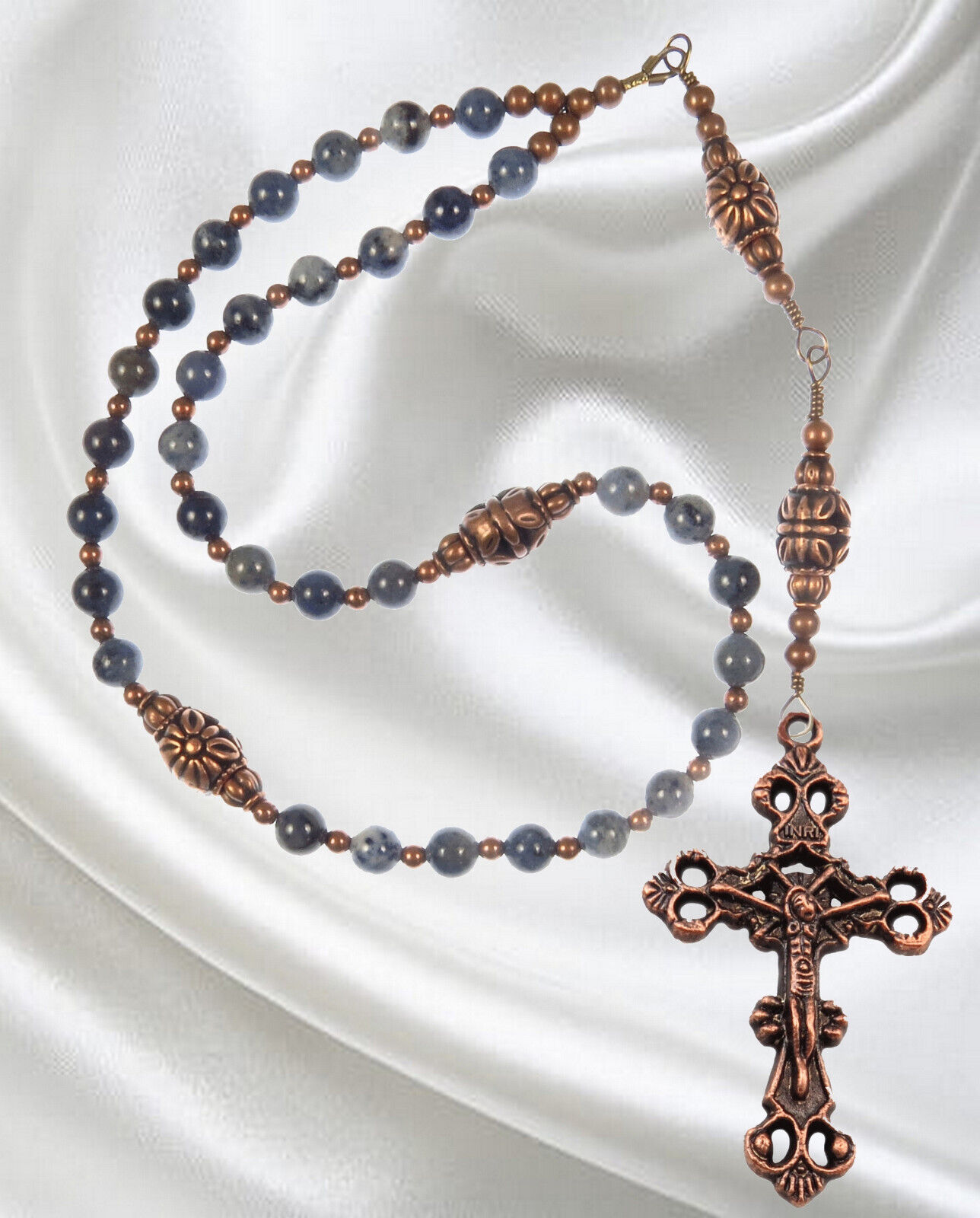 Handmade Eastern Greek Orthodox Rosary Lapis Lazuli Beads Copper Crucifix