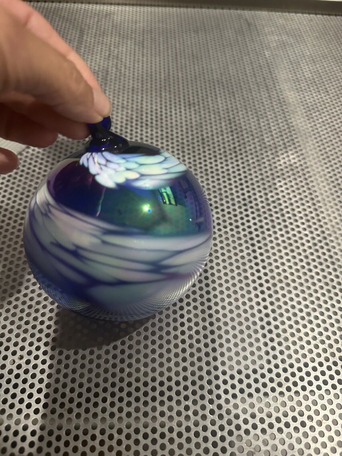 Mt. St. Helens Ash Witch Ball Christmas Ornament Blue White Hand Blown Glass Art