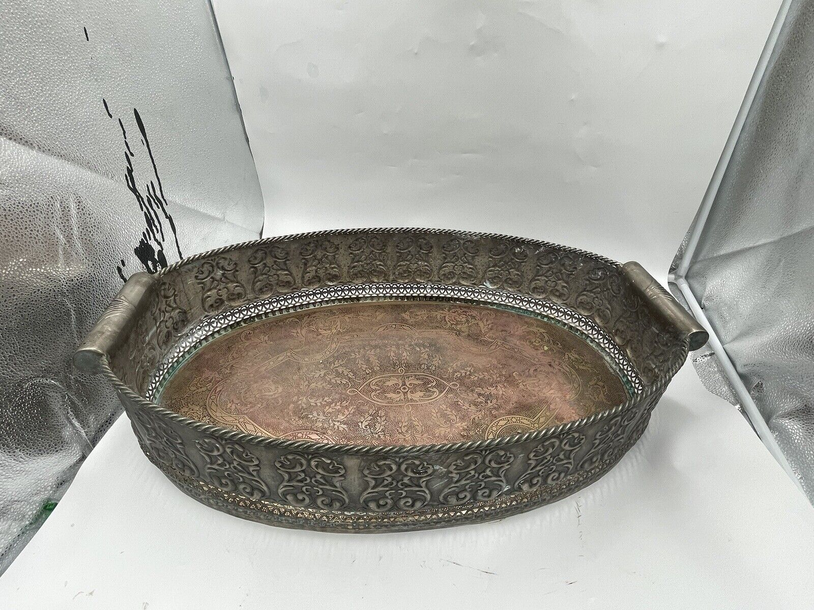 Castilian Imports Vintage Large Solid Brass Heavy Decorated Tray 27.5”X 16” X 4”