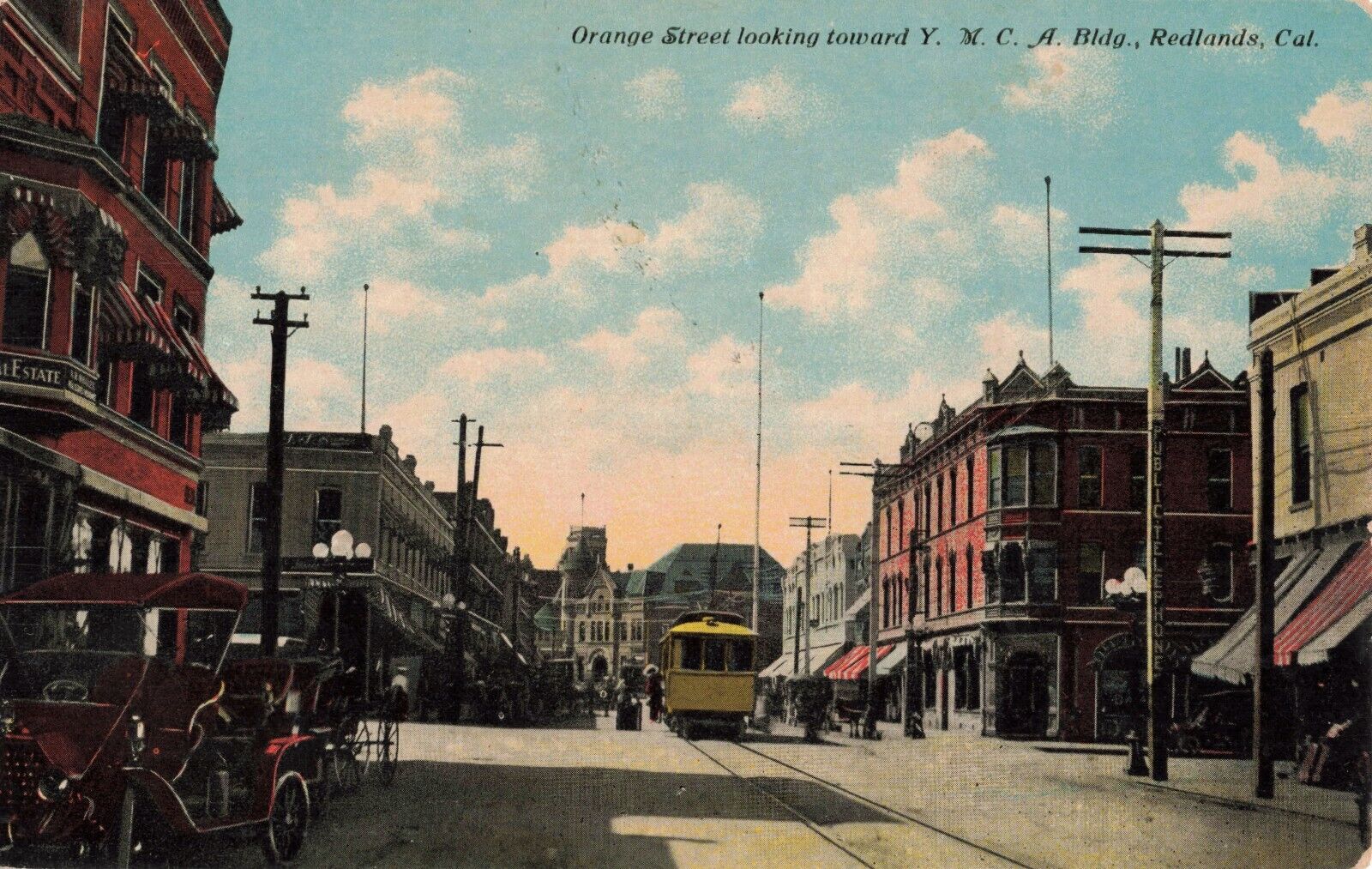 Redlands CA Orange Street Car Downtown Y.M.C.A. Bldg. c.1910 Postcard A522
