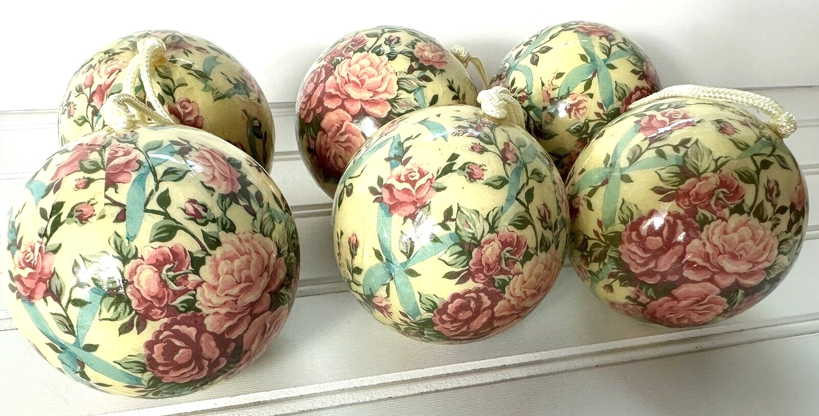 Vtg Lot of 6 Victorian Floral Roses Christmas Ball Ornament Taiwan 2.5”