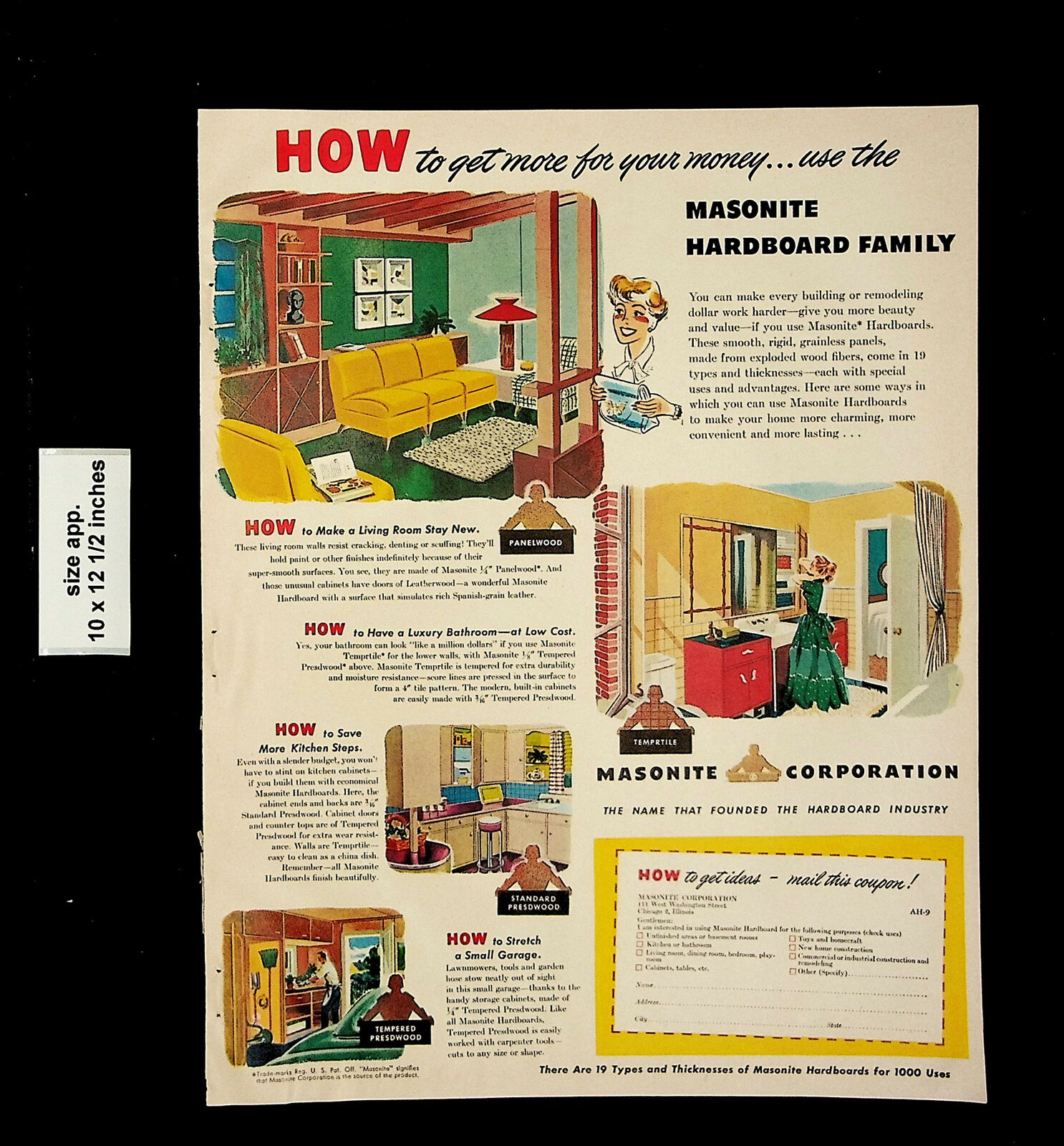 1950 Masonite Corporation Hardboard Family Home Building Vintage Print Ad 24948