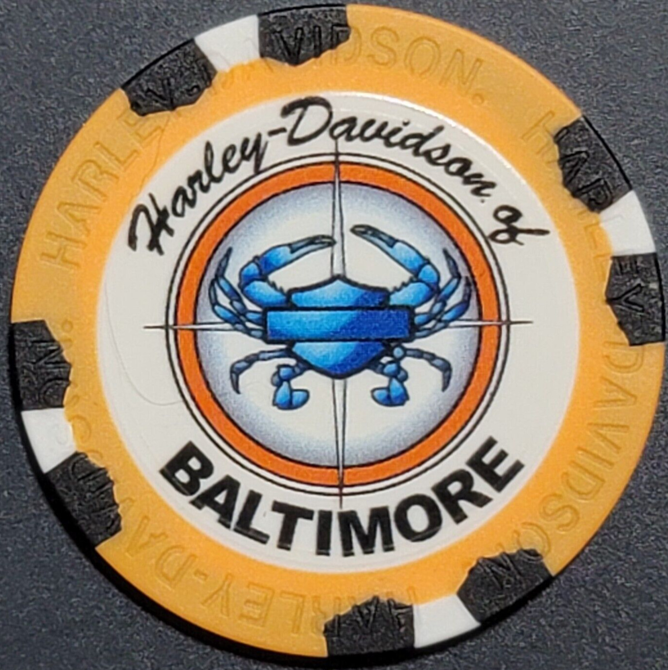 HD OF BALTIMORE ~ MARYLAND (Orange/Black Wide Print) Harley Davidson Poker Chip
