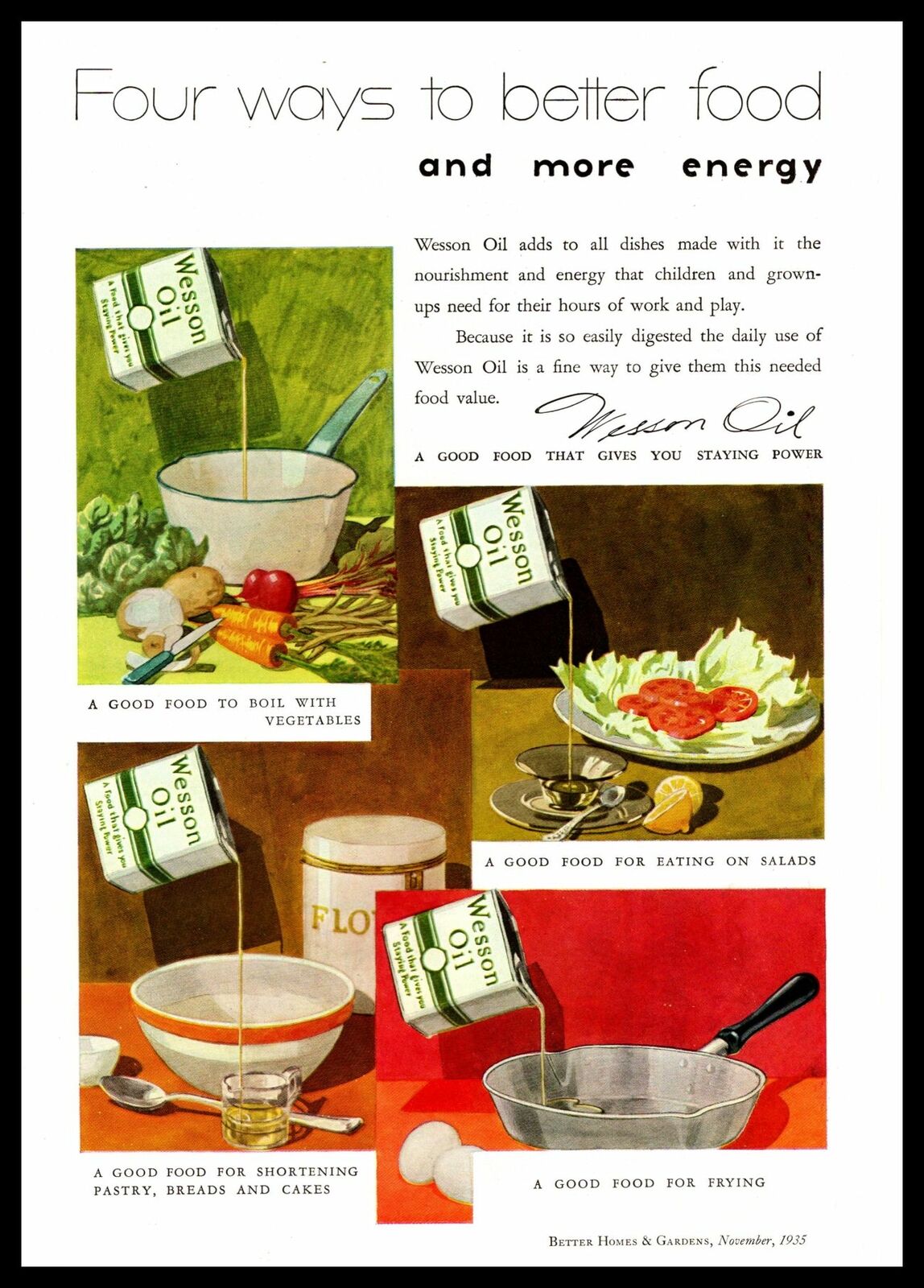 1935 Wesson Oil For Boiling Vegetables Salads Shortening Frying Color Print Ad
