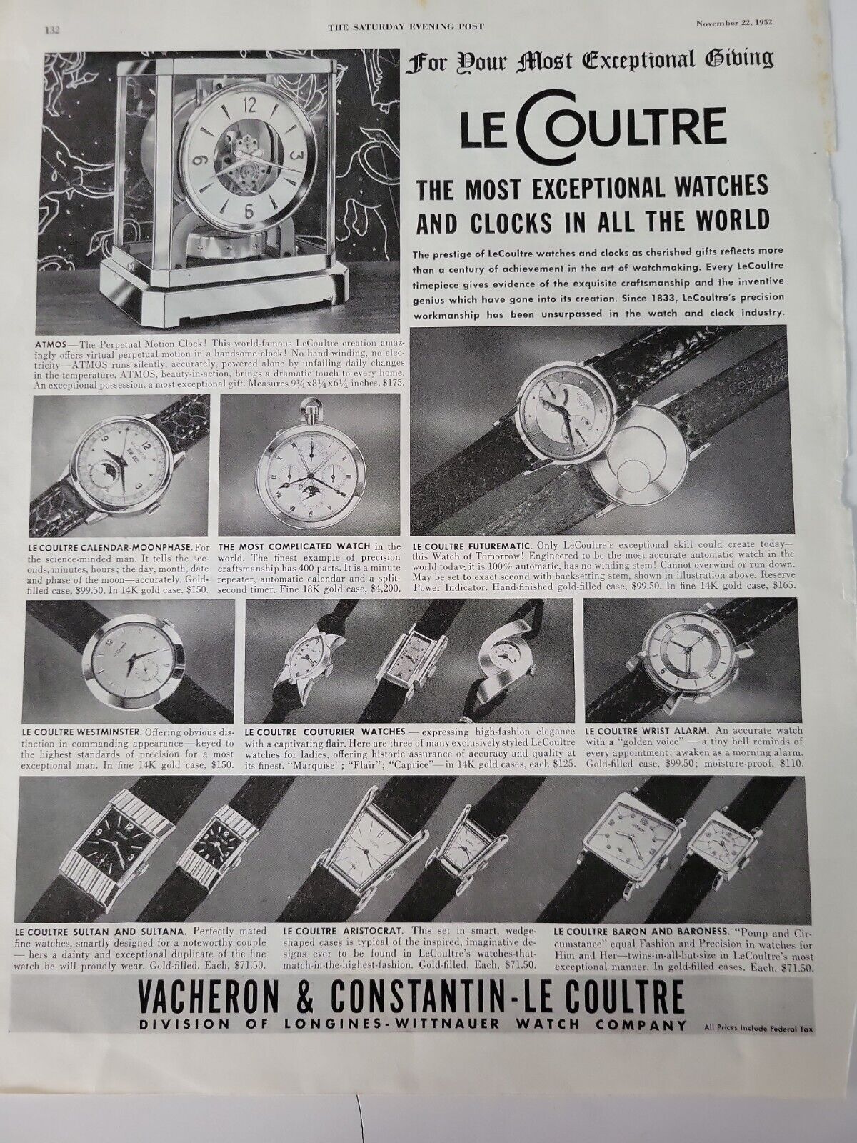 1952 Vacheron & Constantin Le Coultre watch clock vintage ad