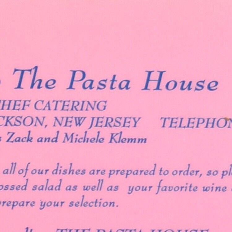 1990s The Pasta House Restaurant Menu North Hope Chapel Road Jackson New Jersey