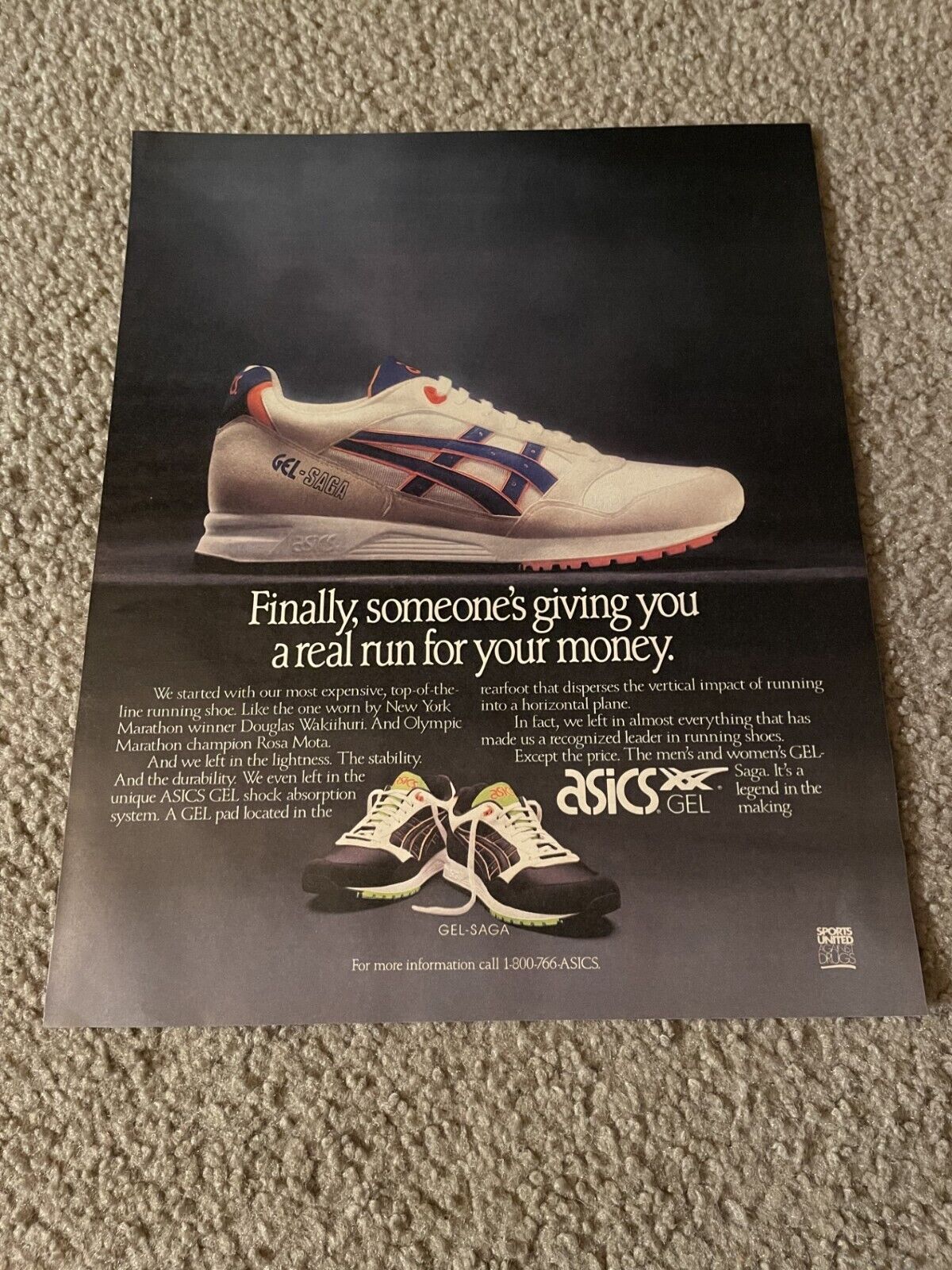 Vintage 1991 ASICS GEL-SAGA Running Shoes Poster Print Ad 1990s