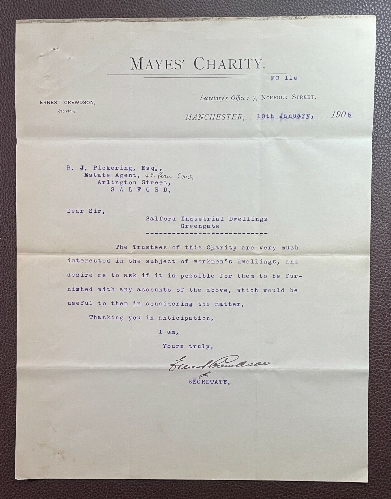 1905 Mayes Charity, 7 Norfolk St, Manchester Letter to Pickering, Salford