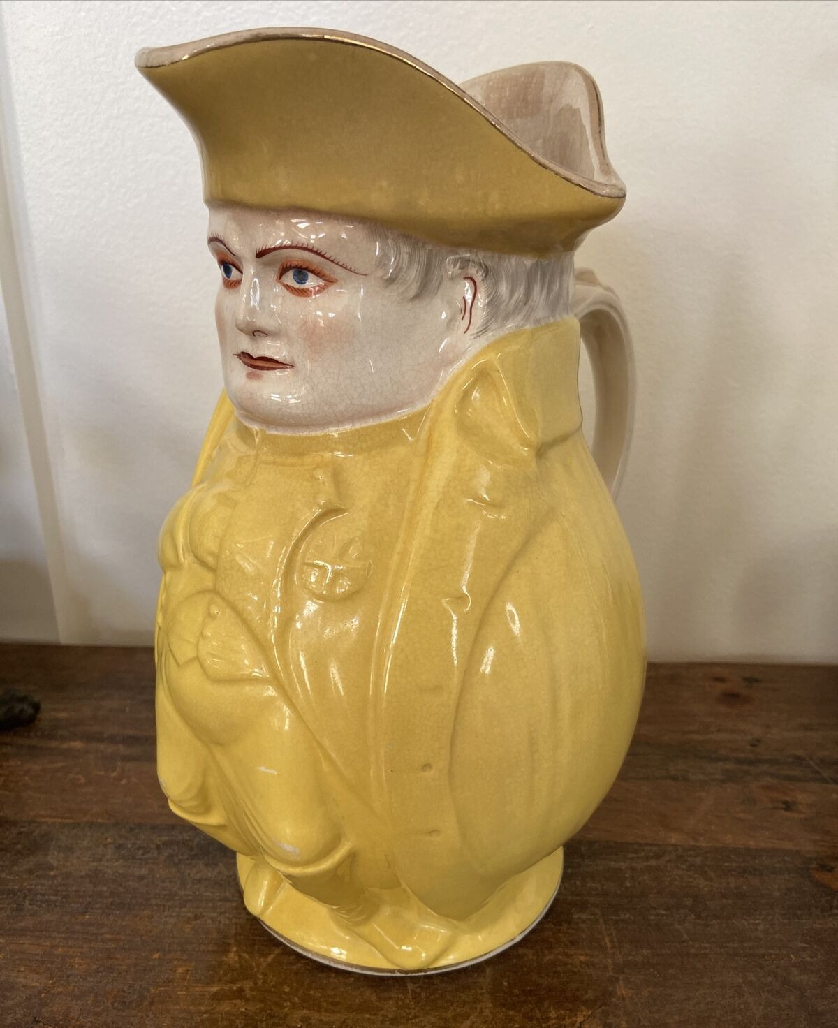 Antique Alfred Evans Large Napoleon Character Water Jug, Yellow, Gold Gilt , 11\