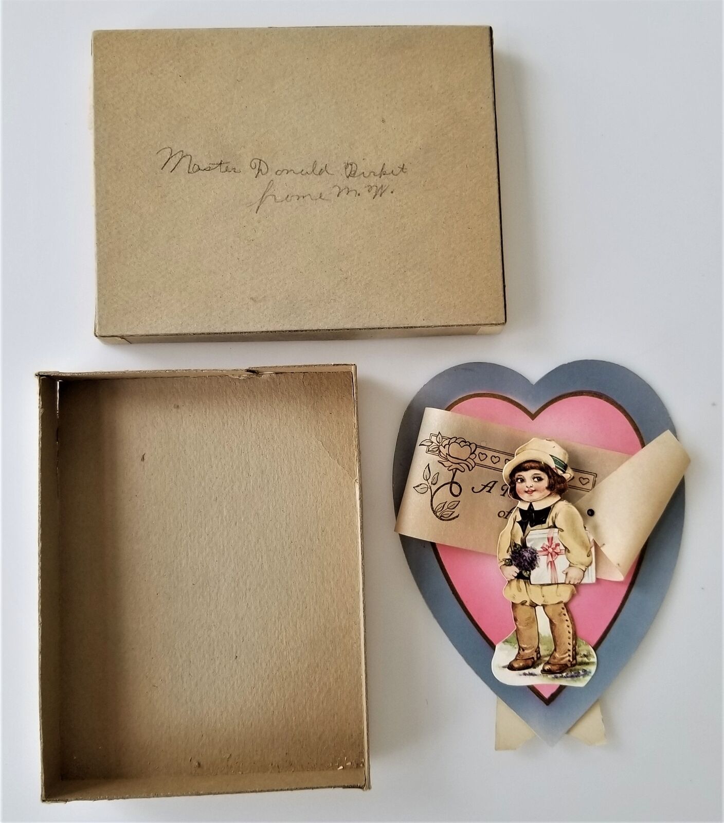 vintage victorian DIE CUT VALENTINE carbondale pa CARD paper RIBBON w BOX Birkit