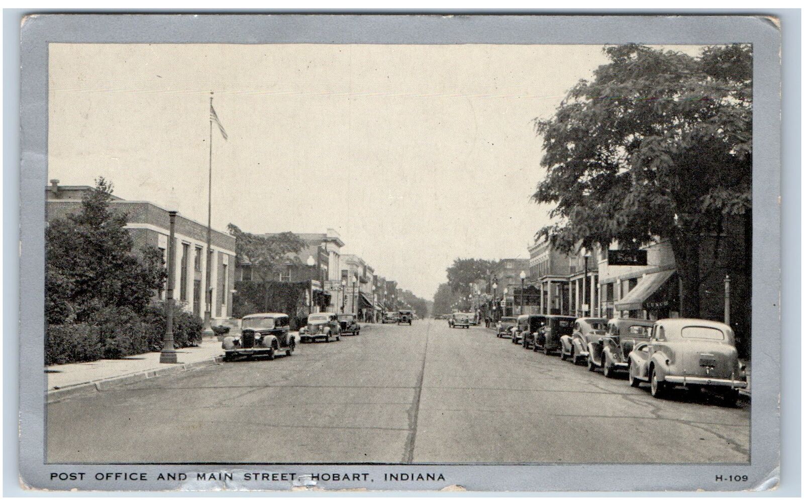 1941 HOBART, IN Postcard-  POST OFFICE AND MAIN STREET HOBART