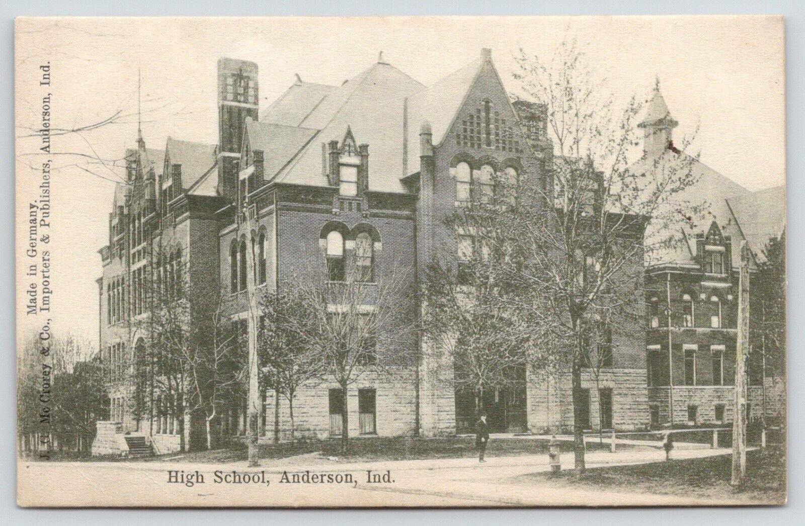 Anderson Indiana~High School~Front & Side Doors~Gentleman on Sidewalk~1908 B&W