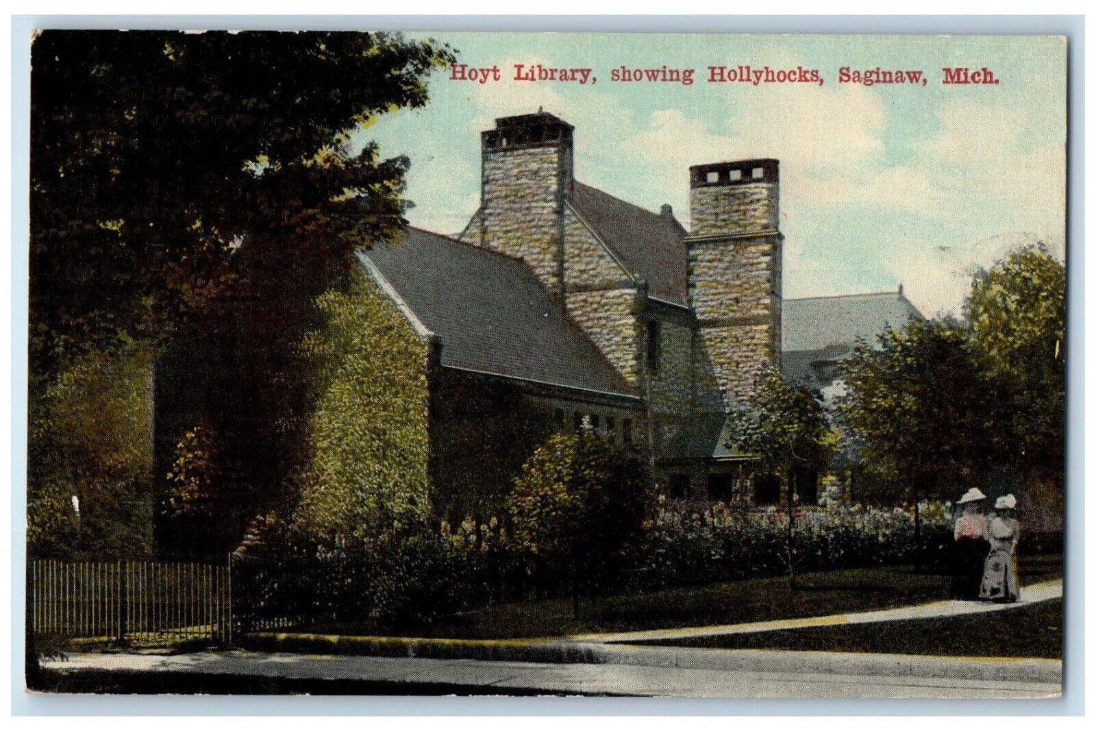 c1910 Hoyt Library Showing Hollyhocks Saginaw Michigan MI Antique Postcard