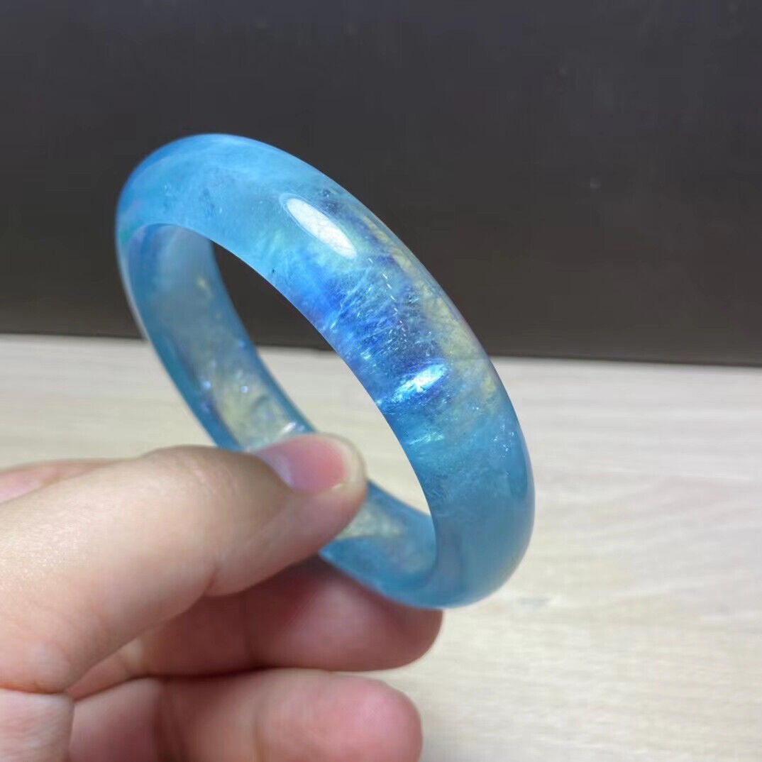 52.5mm Natural Blue Aquamarine Crystal Gemstone Bangle Bracelet Handmade