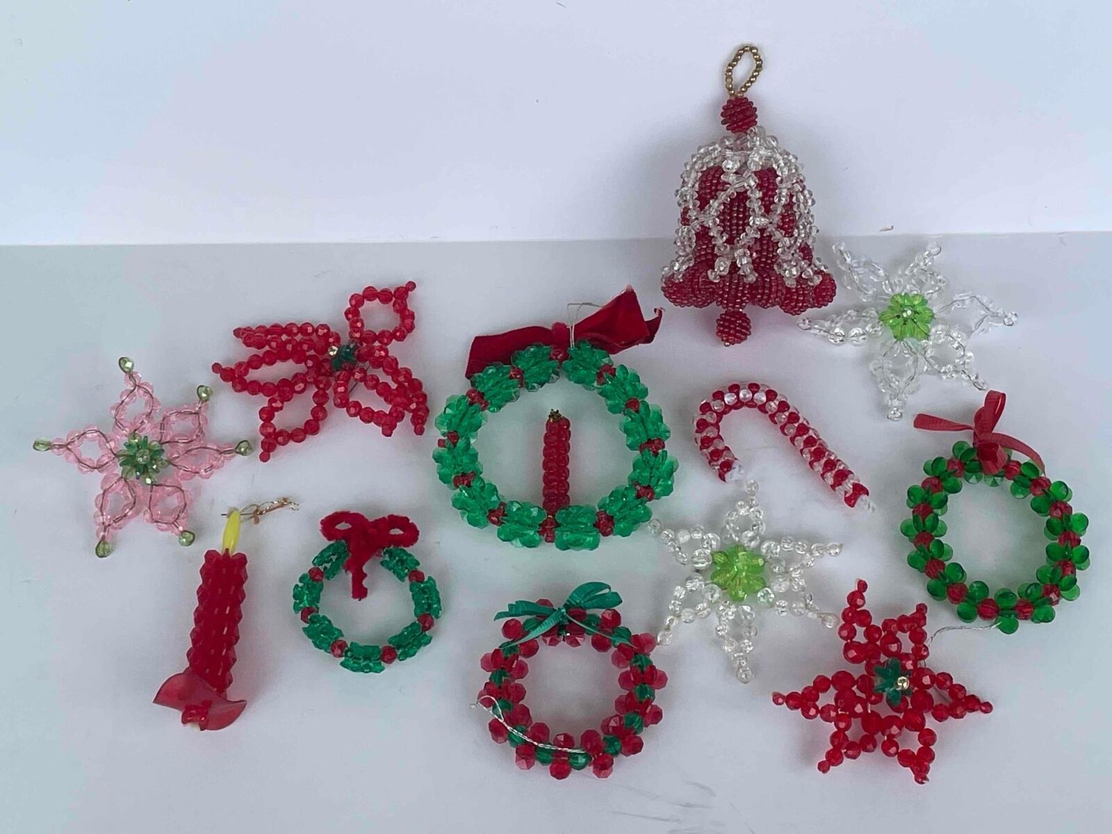 LOT/12 VINTAGE 1960\'s-1970\'s PLASTIC BEADED ORNAMENTS CHUNKY BELL WREATH CANDLE+